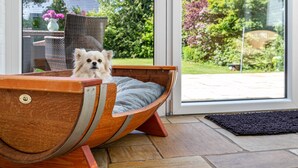 Un chien dans un lit en forme de bateau, avec vue sur un jardin par une porte vitrée.