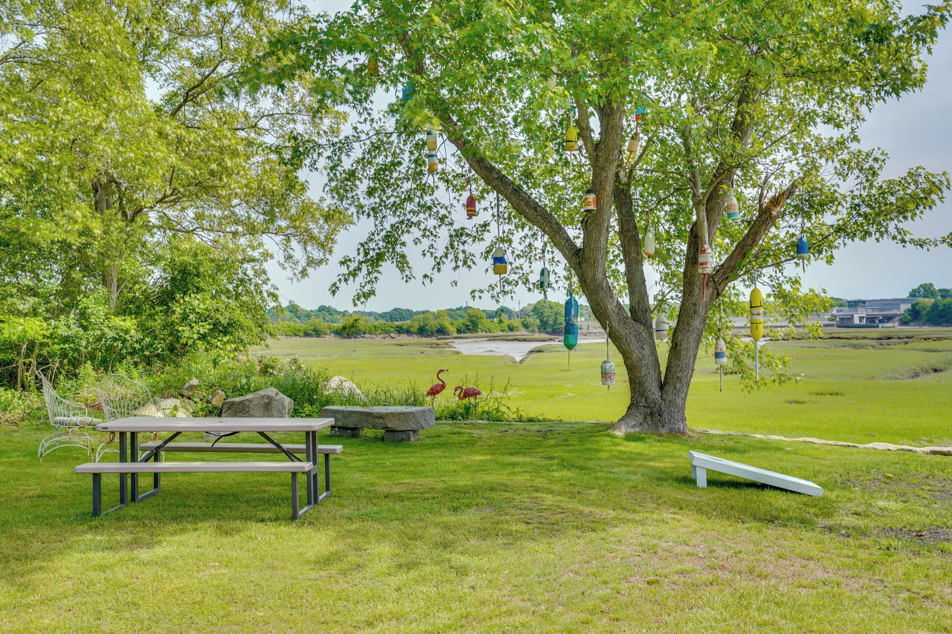 A picnic area with benches, a picnic table, and a tree with hanging birdhouses.