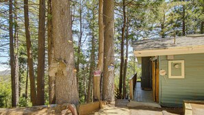 Un chalet rustique, accessible par un sentier de terre, entouré de grands arbres.