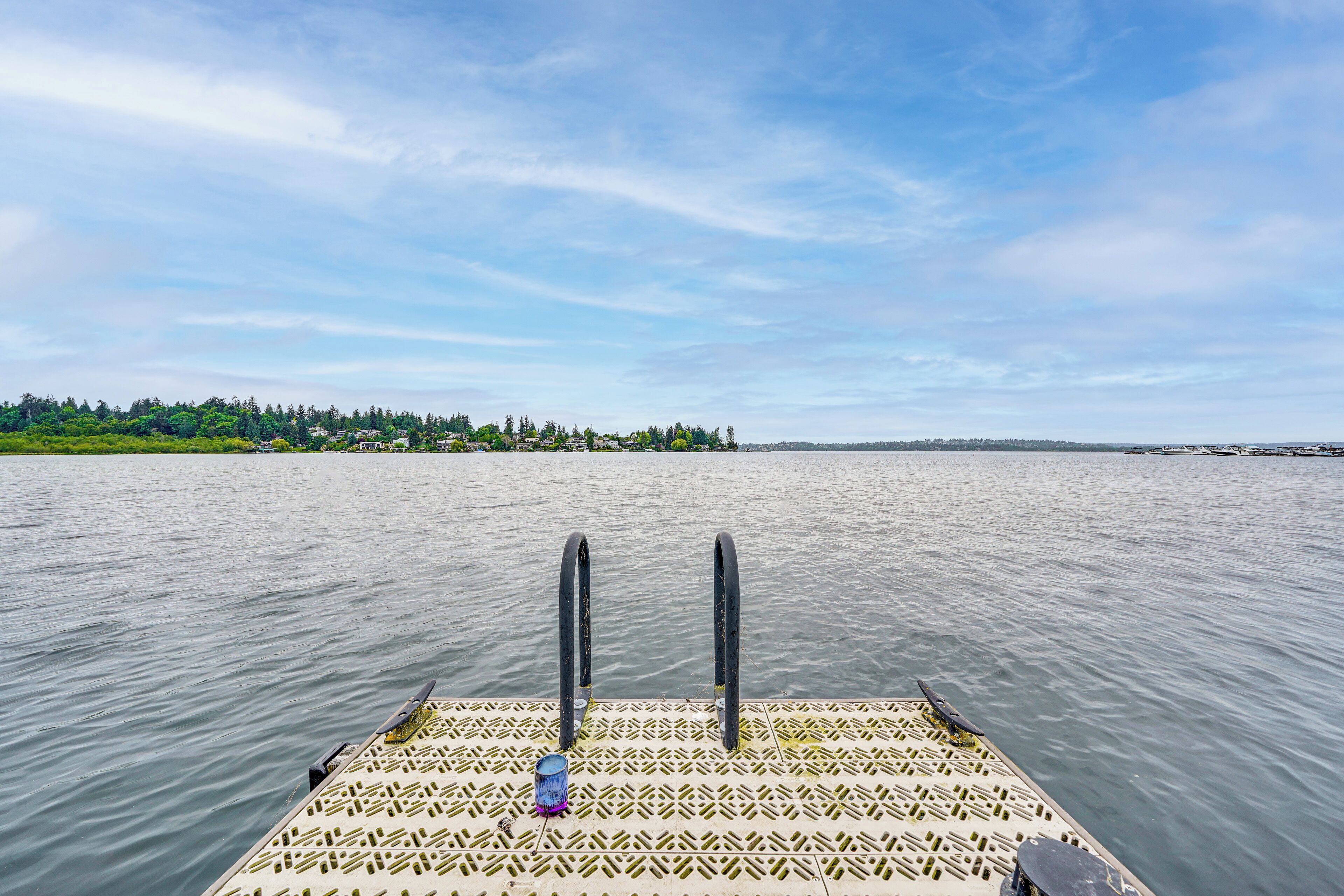 A boat with a patterned deck and two black poles, extending over calm water with a distant shoreline.