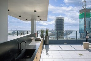 Eine moderne Dachterrasse mit Spüle, Topfpflanzen und Blick auf die Skyline der Stadt sowie das Wasser.
