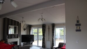 Una sala de estar con chimenea, televisión y un ventanal con cortinas.