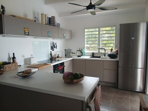 Eine moderne Küche mit einer zentralen Kochinsel, einem Einbauofen, einem Kühlschrank und einem Fenster mit Blick auf Grünflächen.