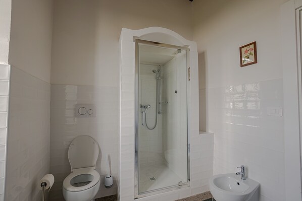Une salle de bain comprenant des toilettes, un espace douche et un lavabo.