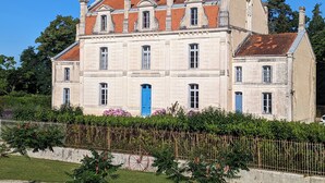 A large, historic building with multiple windows and a prominent blue door, surrounded by lush greenery and a fence. - The Chestnut (Chadurie)