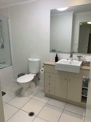 Chuveiro, secador de cabelo, toalhas de banho, sabonete