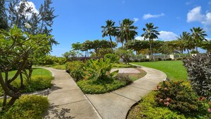 A landscaped garden with a curved pathway, palm trees, and various shrubs. - Palm Beach 610 2 Bedroom Apts (Hastings)