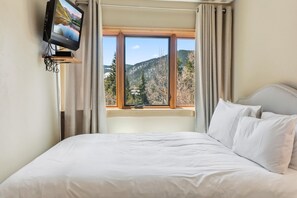 Une chambre d’hôtel avec un lit, un téléviseur fixé sur un meuble et une fenêtre donnant sur la montagne.