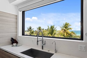Eine moderne Küche mit großem Fenster, einer Spüle aus Edelstahl und Blick auf einen tropischen Strand.