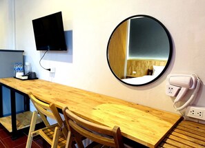 Desk, laptop workspace, blackout curtains, soundproofing