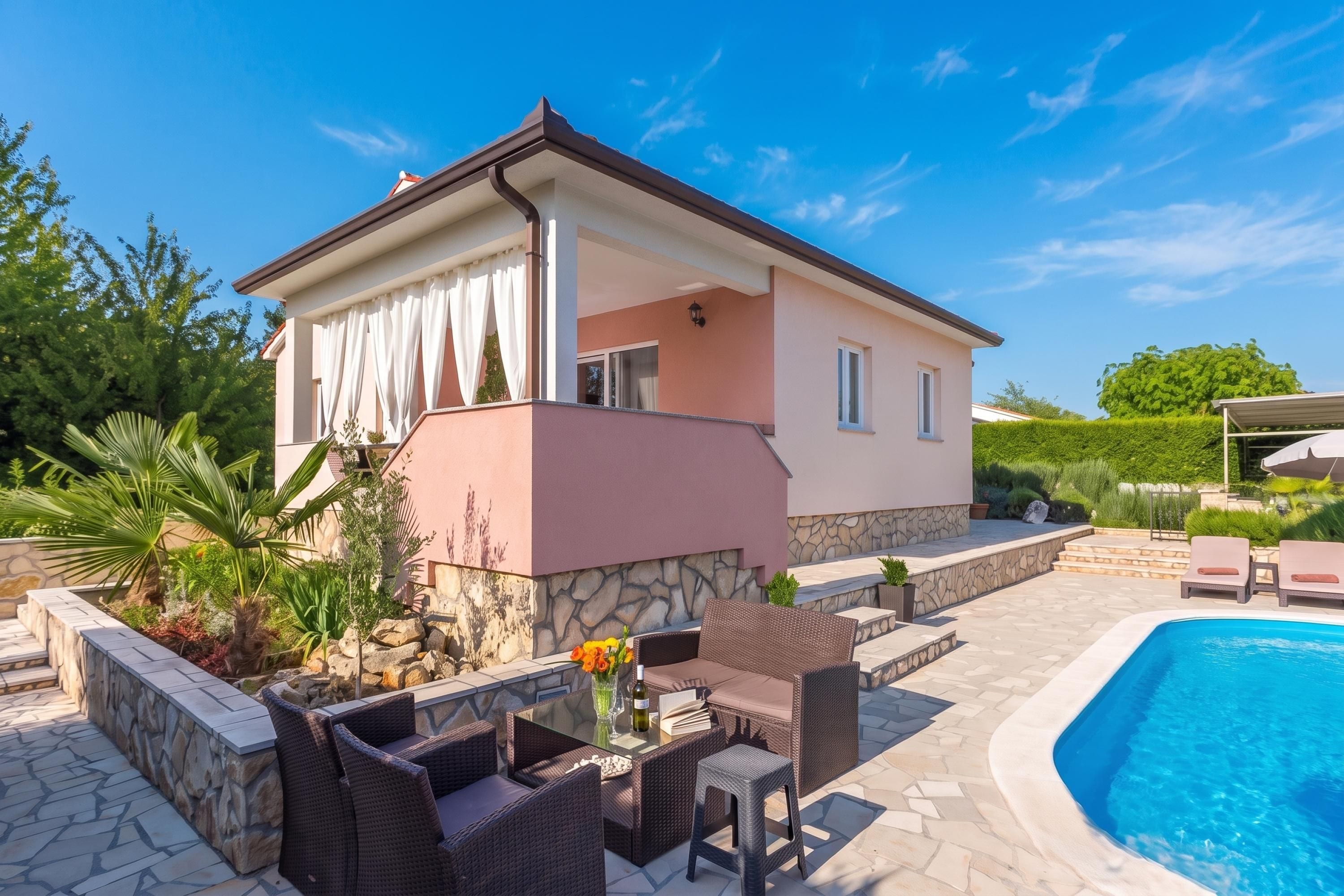 Ein zweigeschossiges Haus mit Naturstein-Fassade, einem Swimmingpool und Gartenmöbeln.