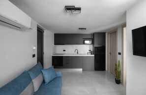 Eine moderne Küche mit integriertem Mikrowellenherd, Spüle und Kühlschrank. Ein blaues Sofa mit einer Pflanze daneben.