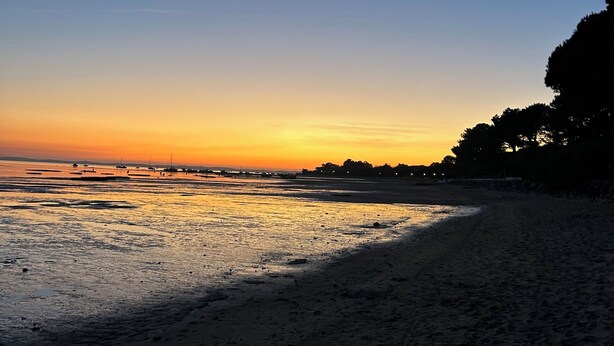 Uma praia com céu claro e águas calmas.