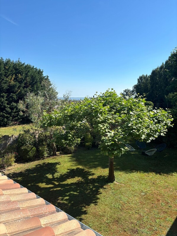 Un jardín con un árbol, césped y un patio con sillas.