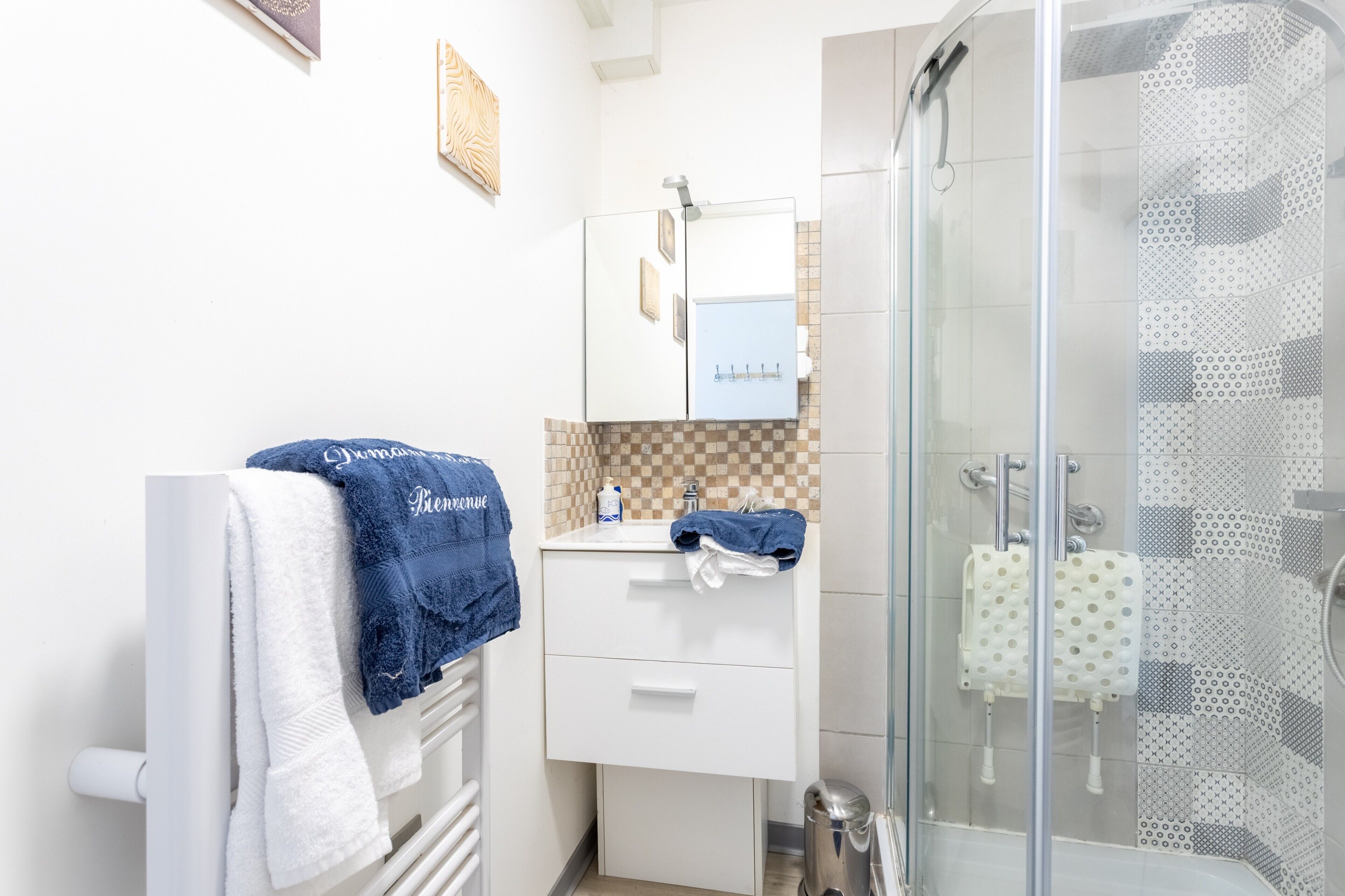 A bathroom with a glass shower enclosure, a white sink, and a mirror above it.