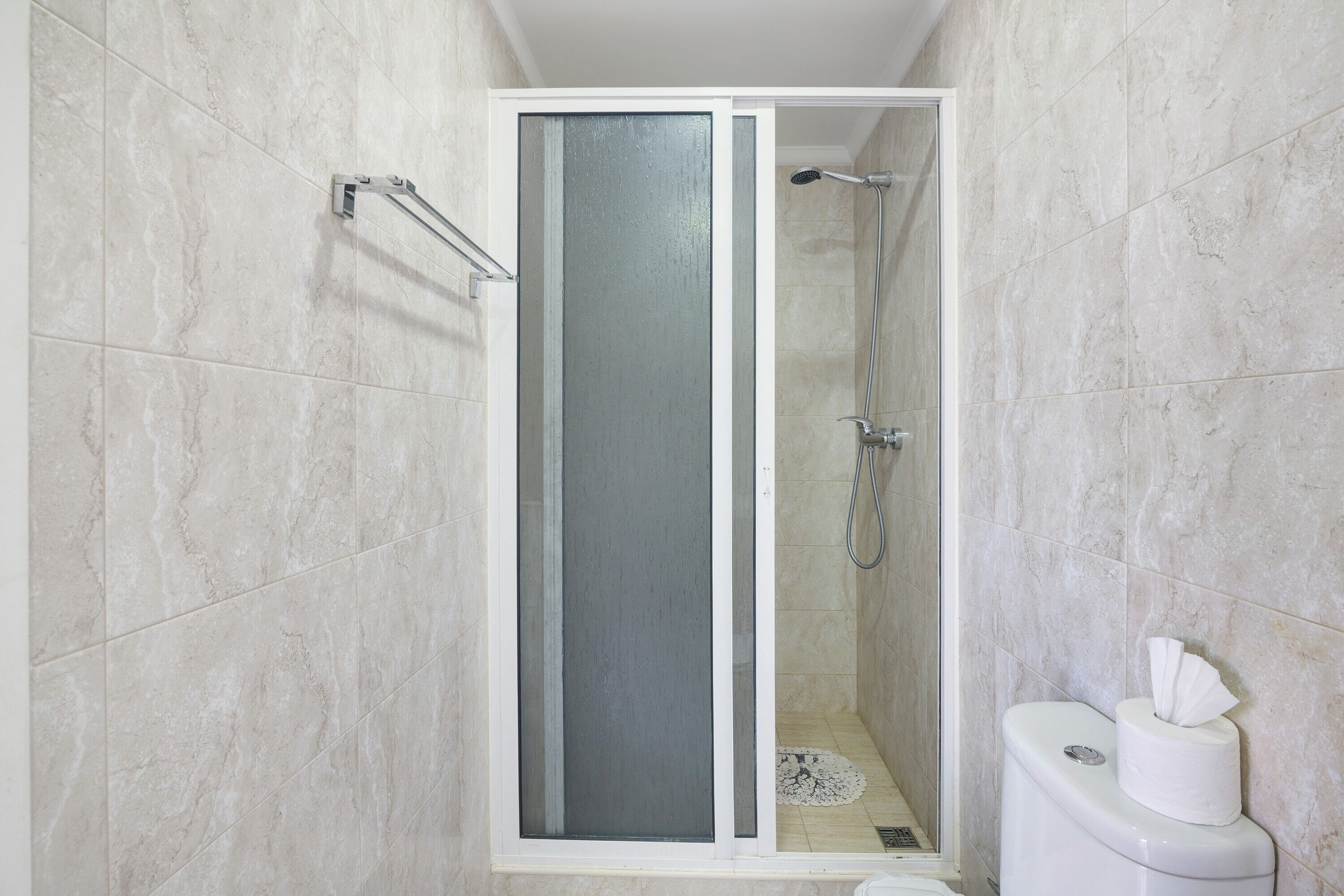 Shower, hair dryer, towels