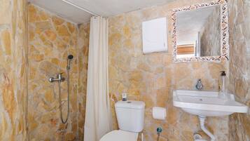 A bathroom with a stone wall, a shower, a toilet, a sink, and a mirror.