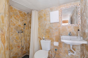 Une salle de bain avec un mur en pierre, une douche, des toilettes, un lavabo et un miroir.