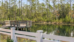 A wooden deck extending over a calm lake, surrounded by dense pine trees. - NEW Designer WaterColor Home with Private Pool, Deluxe Outdoor Spaces, and LSV (Santa Rosa Beach)