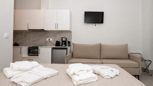 Una camera d'albergo con un letto, un divano, una TV a parete, un angolo cottura e un piccolo frigorifero.