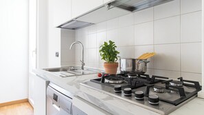 Eine moderne Küche mit Spüle aus Edelstahl, einem Gasherd, einer Topfpflanze und einem Topf mit Pasta.
