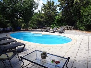 Ein Schwimmbecken mit Liegestühlen, ein Glastisch mit Pflanze und eine Holzterrasse.