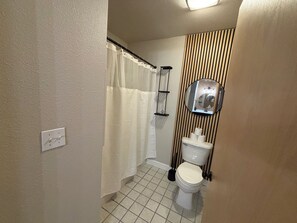 A bathroom with a toilet, a shower curtain, a mirror, and a toilet paper holder.