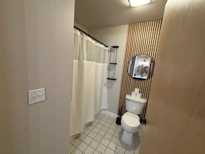 A bathroom with a toilet, a shower curtain, a mirror, and a toilet paper holder. - 6-Room Group Stay Near Torch Lake | Private Block + Amenities (Rapid City)