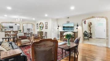 Smart TV, fireplace, books
