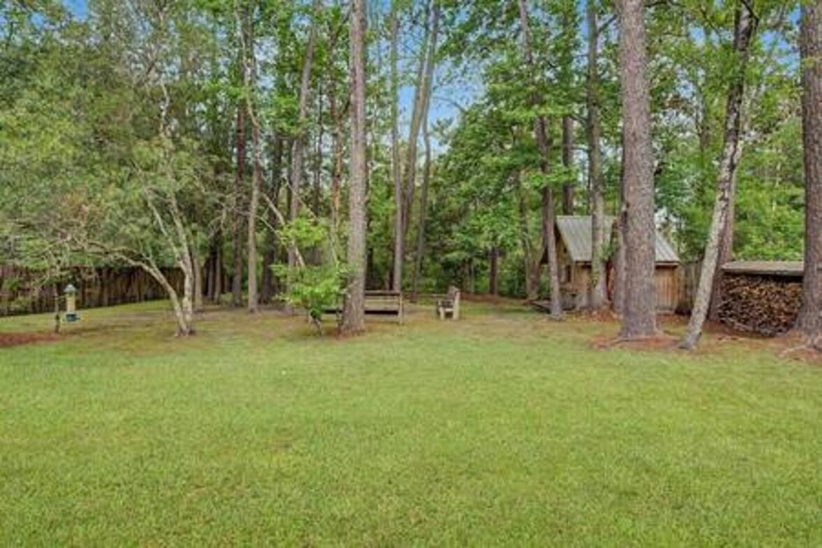 A forested area with a small cabin and a bench.