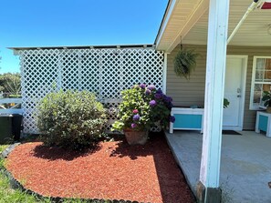 A house with a white lattice fence, a red mulch garden bed, and potted plants with purple flowers.