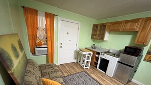 A compact living space with a sofa, patterned rug, kitchenette, and a door.