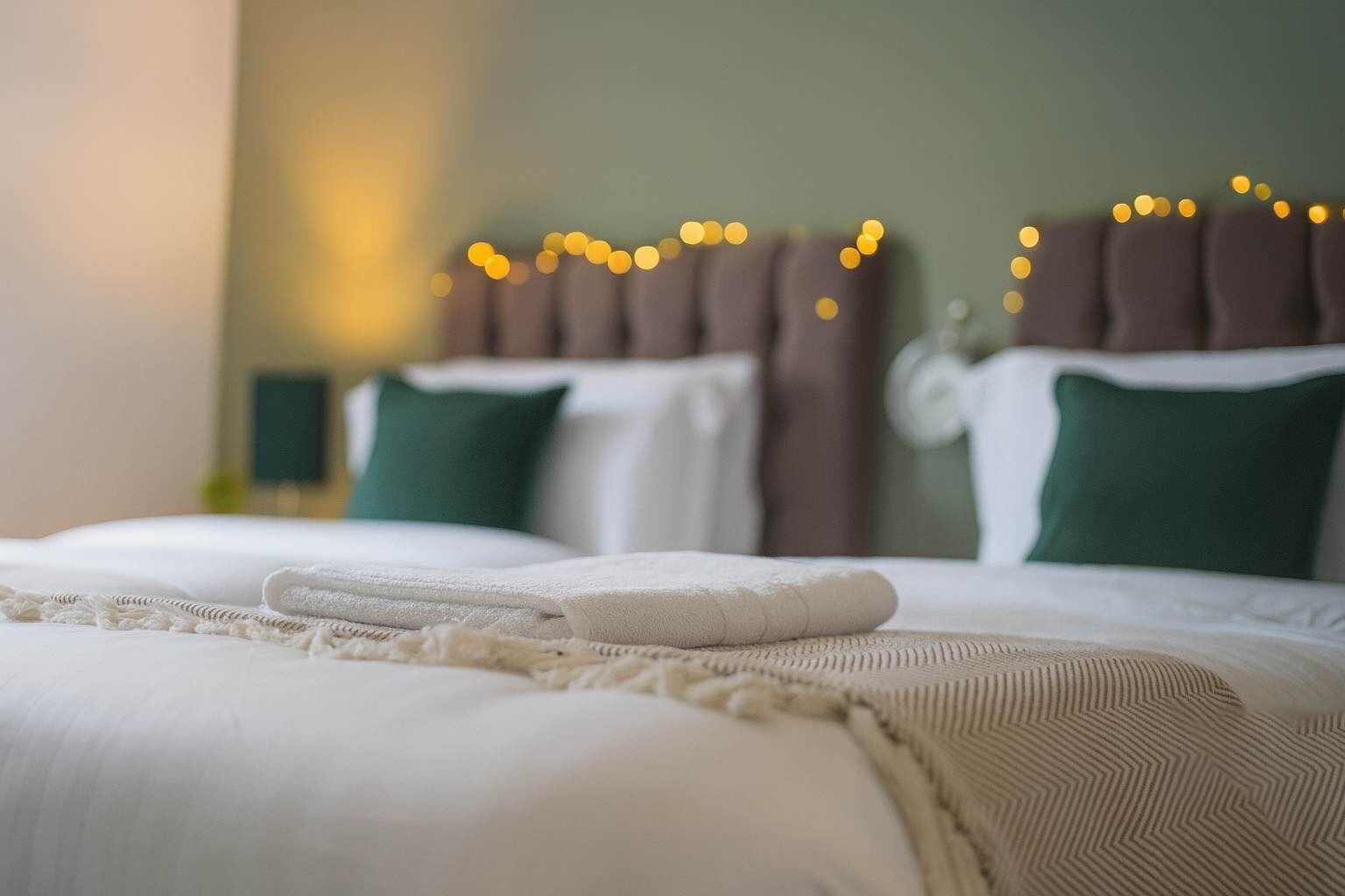 A neatly made bed with a white comforter and a folded white towel.
