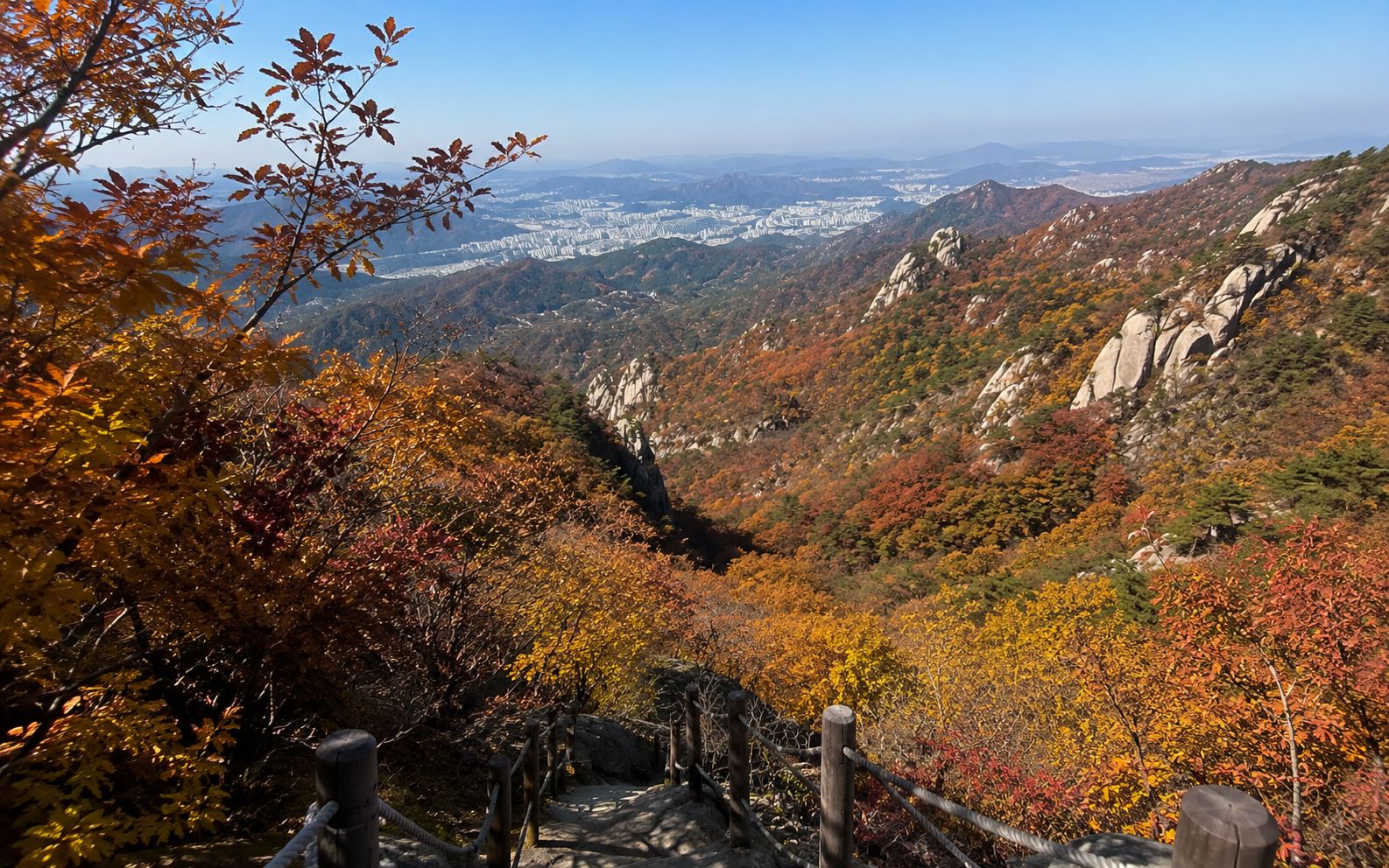 Sendero de montaña con una escalera de madera y vistas de un valle con follaje otoñal.