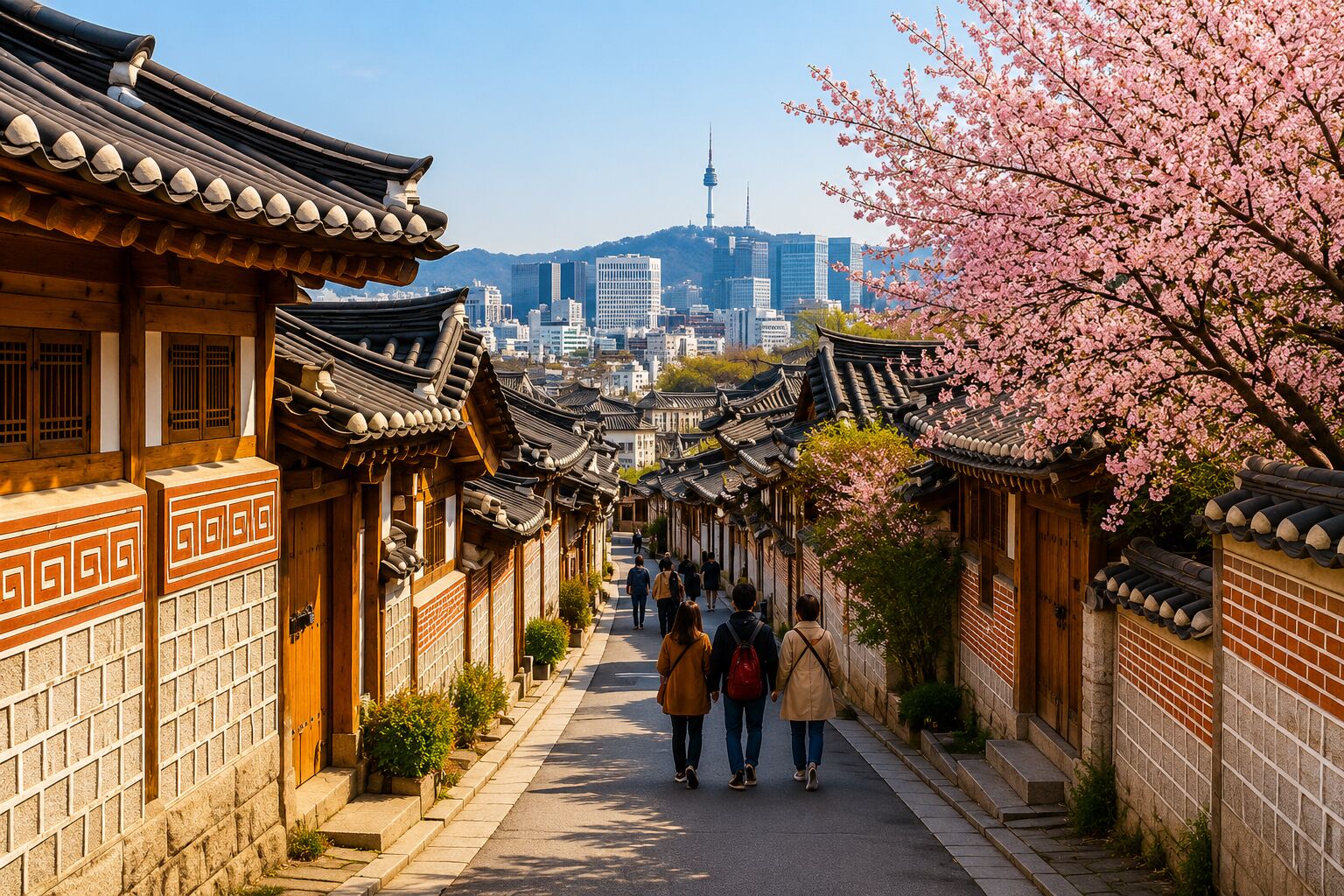 A traditional Korean street with wooden buildings and a cherry blossom tree.