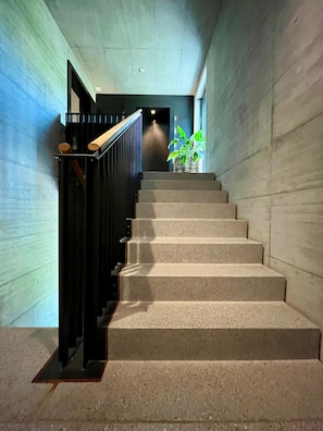 A staircase with a black railing, leading to a room with a plant. - Wonderful Attic Maisonette in Meilen With Stunning Lake Views (Meilen)