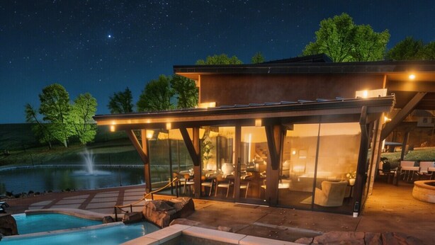 Et poolområde med jacuzzi, overdækket opholdsområde og en bygning med store vinduer.