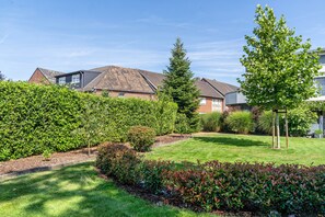 A residential garden with a well-maintained lawn, a variety of shrubs, and a tall coniferous tree.