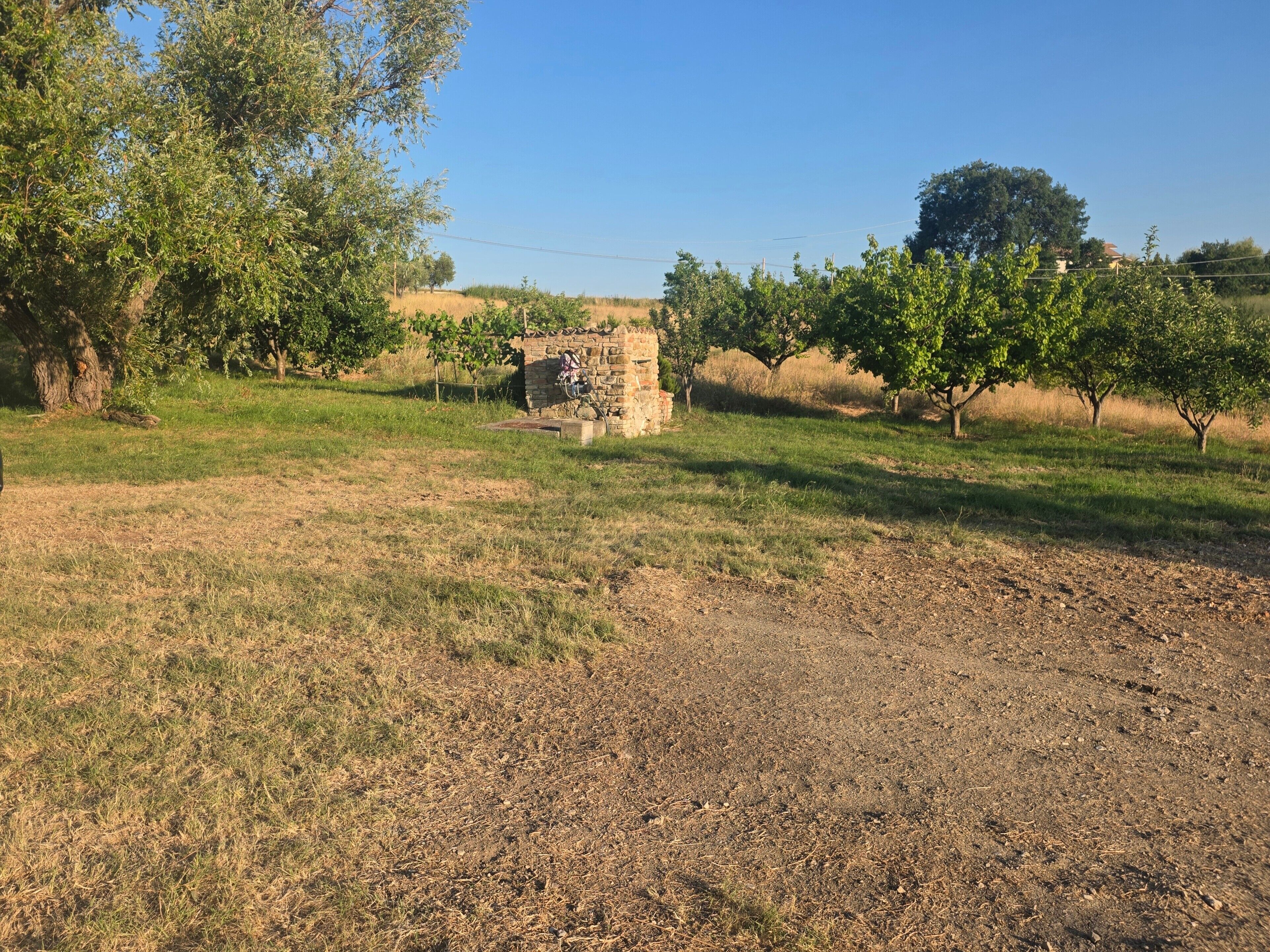 A rural landscape with a stone structure, trees, and a clear sky.