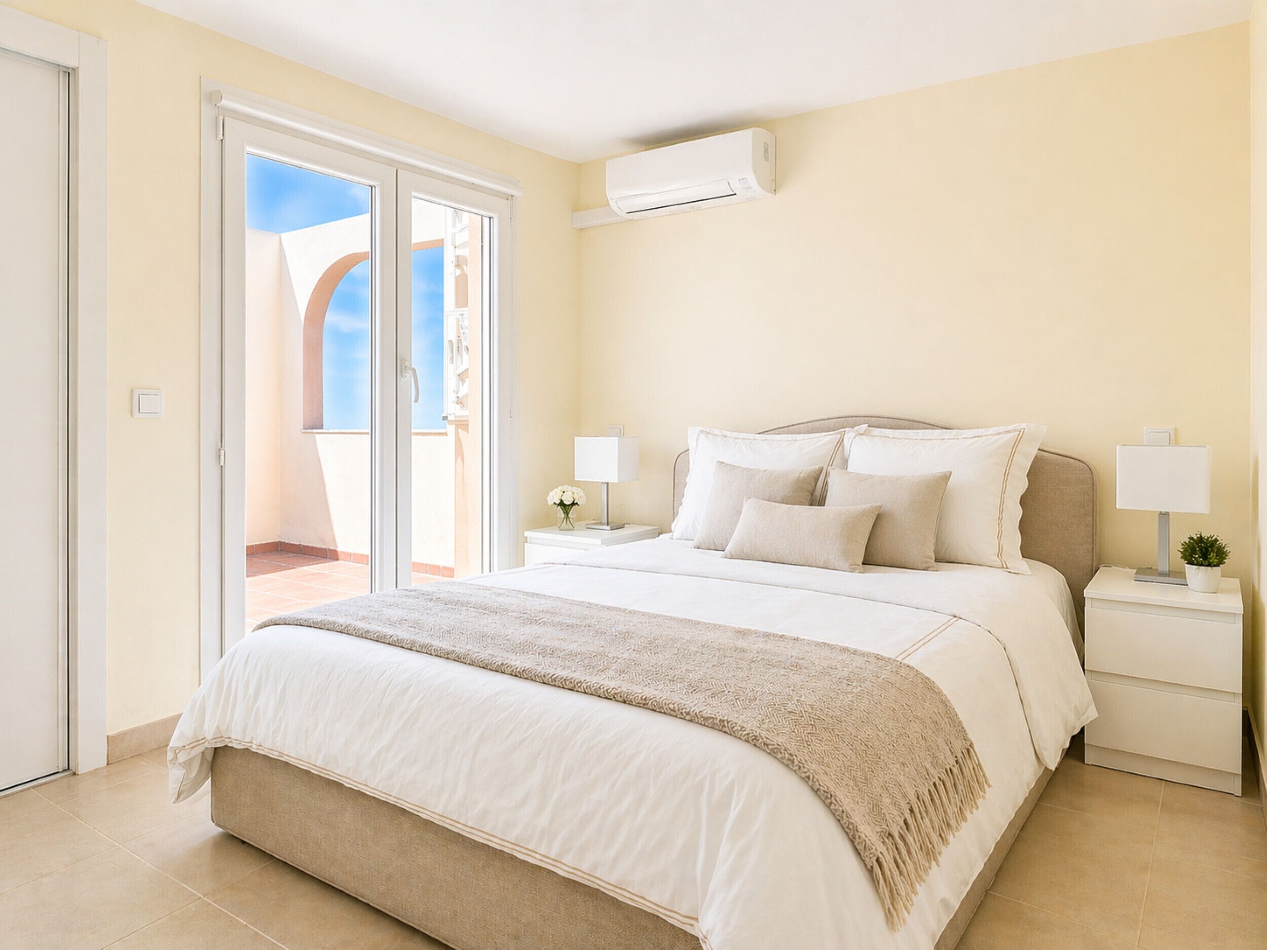 Une chambre à coucher comprenant un lit, deux tables de chevet, une commode, une fenêtre avec vue et un appareil de climatisation.