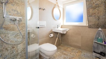 Double Room, Balcony, Lake View | Bathroom | Shower, hair dryer, towels, soap