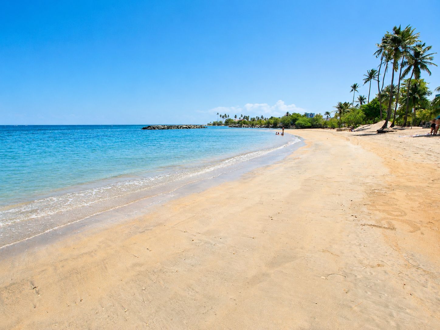 A sandy beach with clear blue water, palm trees, and a rocky outcrop in the distance.