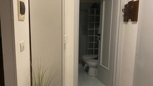 Een douche, een bidet, handdoeken