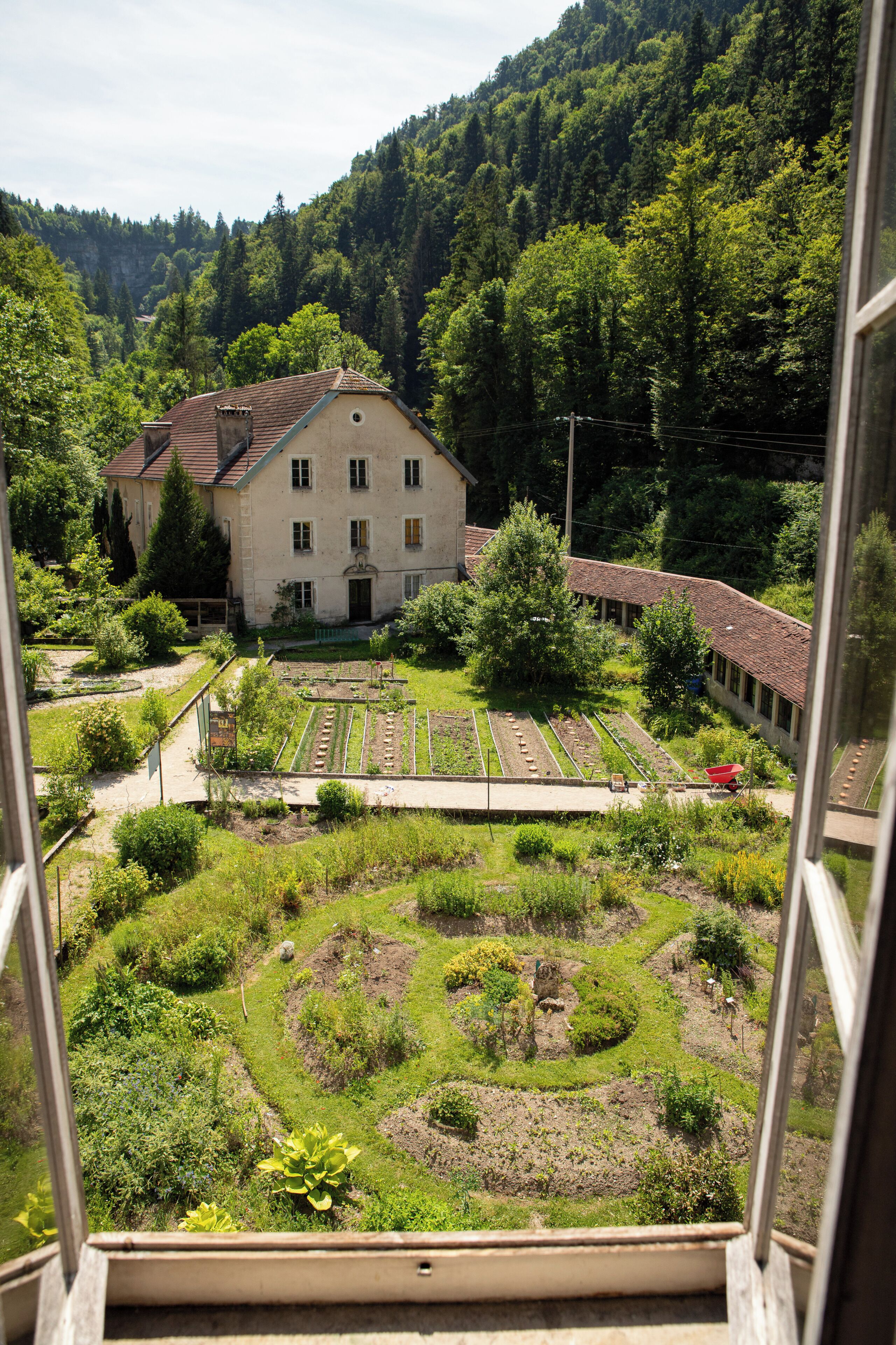 Vista de un jardín con un edificio al fondo.