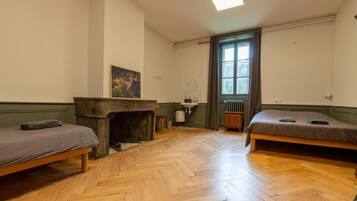 A room with two beds, a fireplace, a window with curtains, and a radiator.