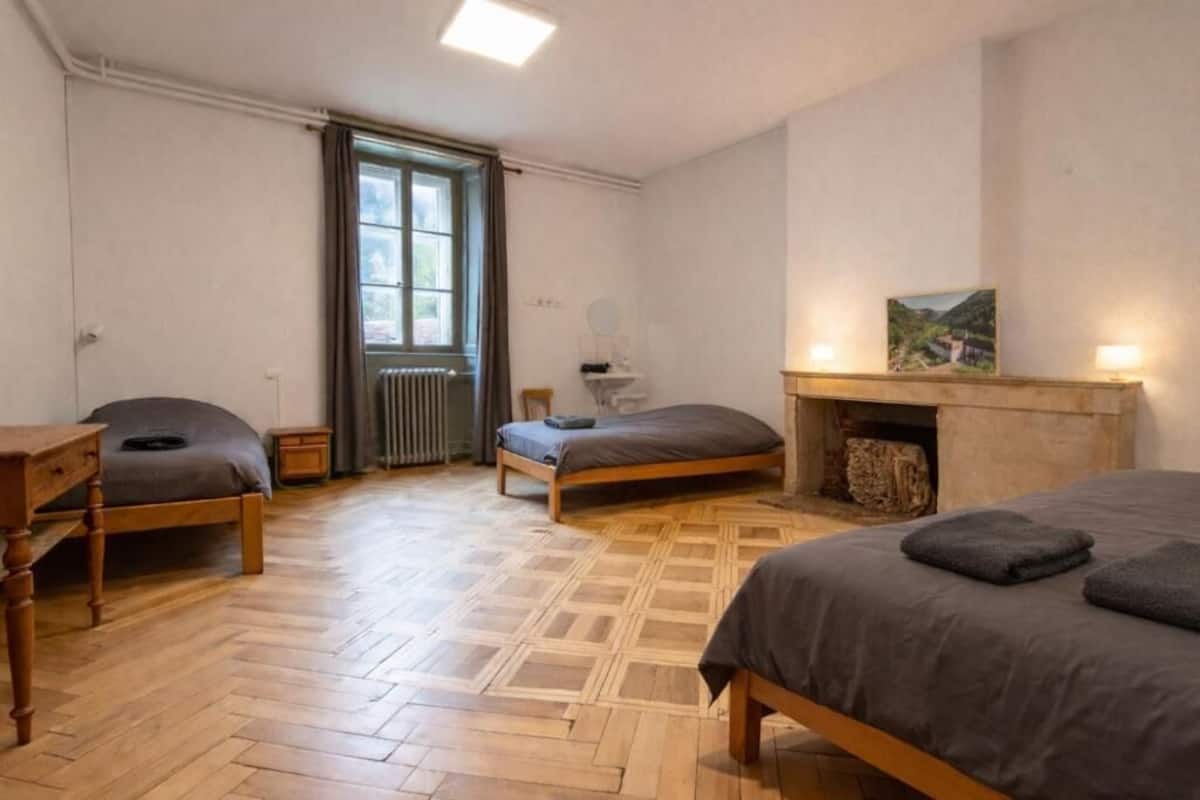 Une chambre avec deux lits, un radiateur, une fenêtre et une cheminée.