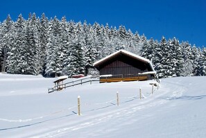 Una cabaña de montaña cubierta de nieve con fachada de madera, rodeada de árboles cargados de nieve.