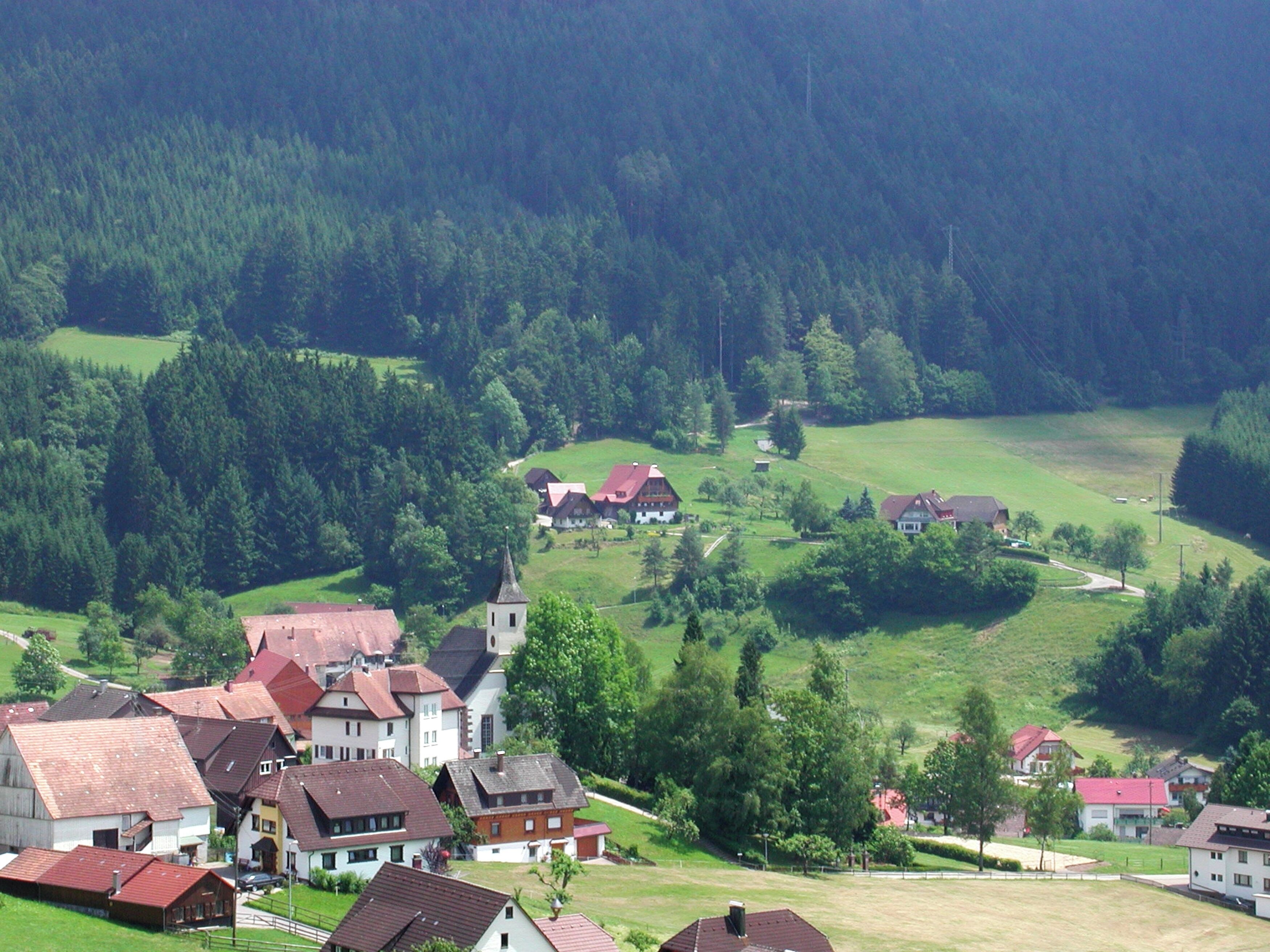 Ein Dorf mit traditionellen Häusern, einer Kirche und einer grünen Landschaft.