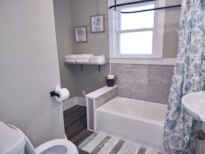 Hair dryer, bidet, towels, soap