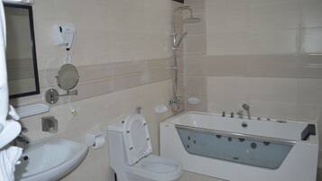 Hair dryer, towels, soap, shampoo